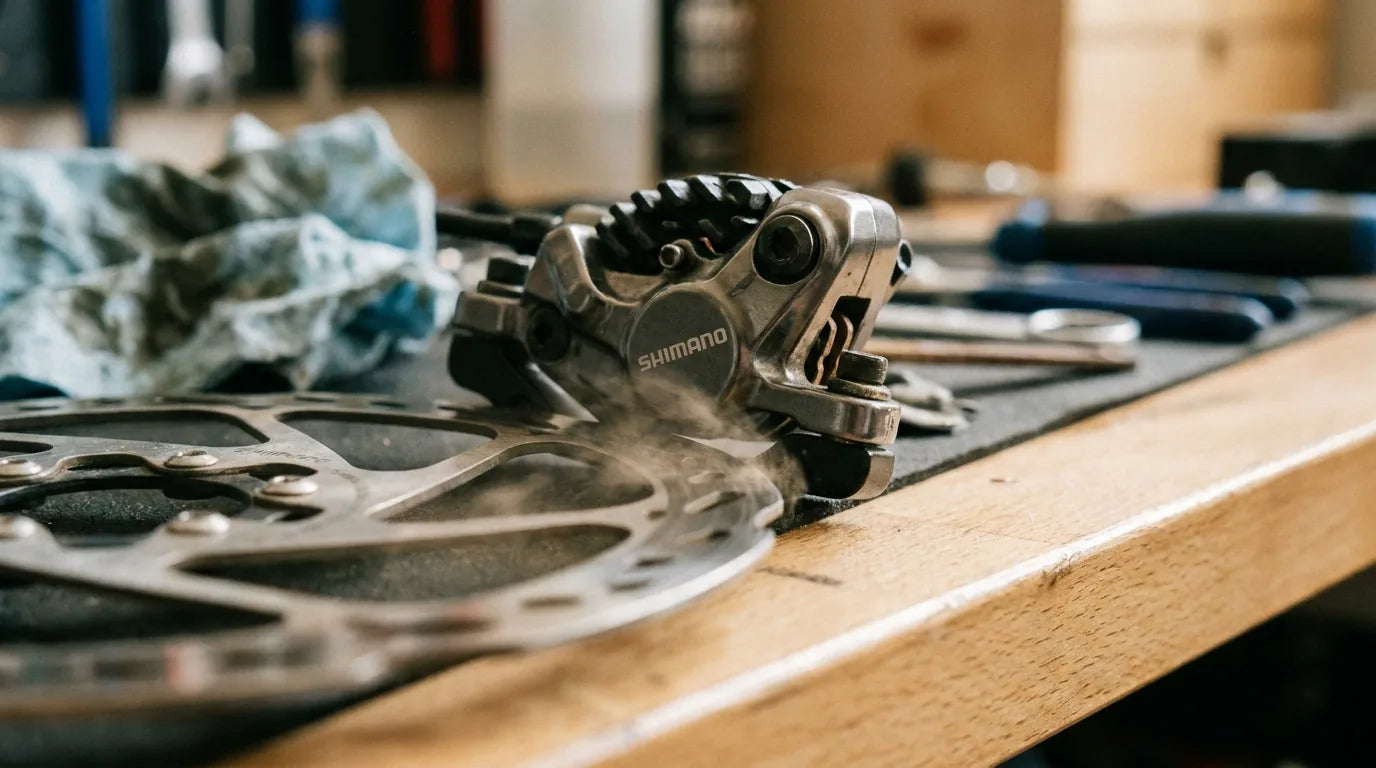 Shimano Scheibenbremse mit Bremssattel und Bremsscheibe auf Werkstatttisch - Nahaufnahme