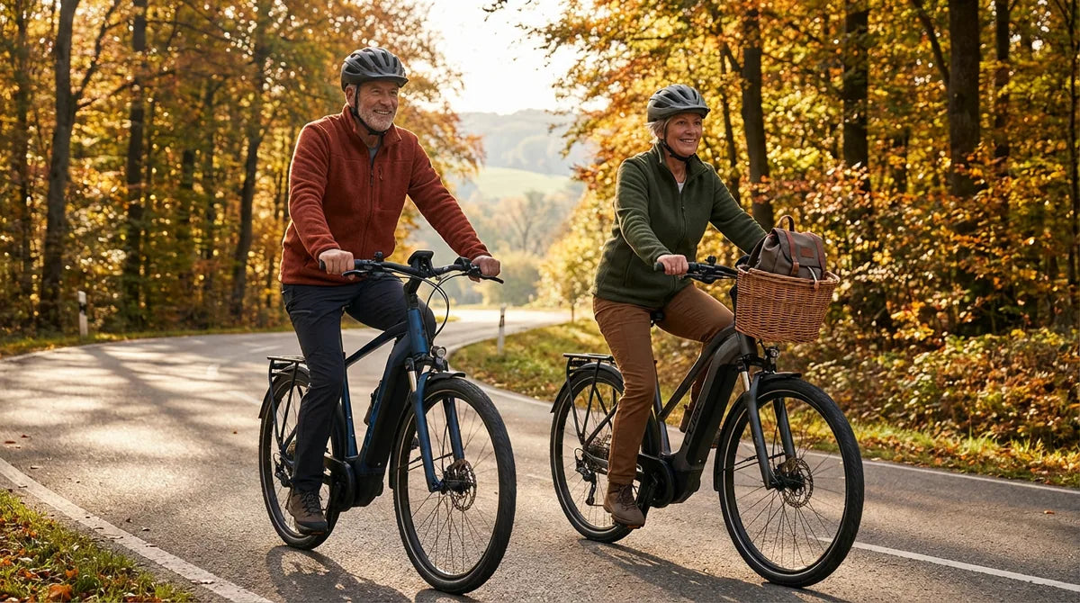 Senior Paar Mitte 60 fährt Tiefeinstieg E-Bikes auf Herbst-Radweg durch Wald - Radfahren ab 60 mit Motor-Unterstützung