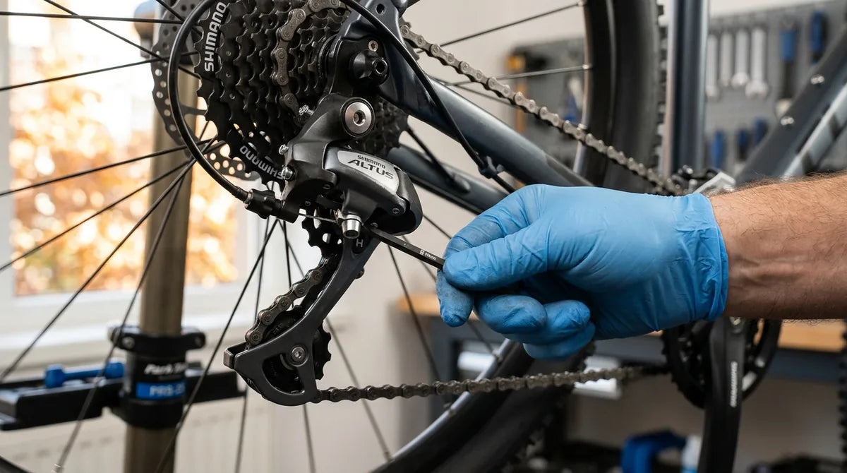 Shimano Altus RD-M2000 Schaltwerk H-Endanschlag wird mit 2mm Inbus justiert - Schritt 1 der 5-Schritt-Anleitung