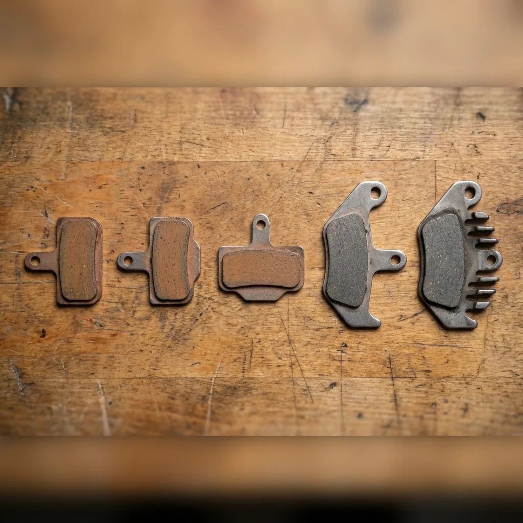 Shimano Bremsbeläge B01S B03S B05S D02S und D03S nebeneinander auf Werkbank: Vergleich der verschiedenen Bremsbelag-Typen für Scheibenbremsen