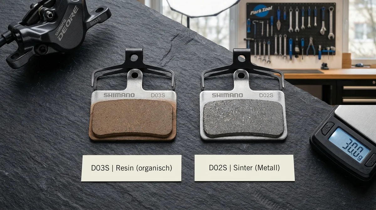 Shimano D03S Resin und D02S Sinter Bremsbeläge im direkten Vergleich für 4-Kolben MTB-Bremsen - unterschiedliche Materialien für gleichen Bremssattel