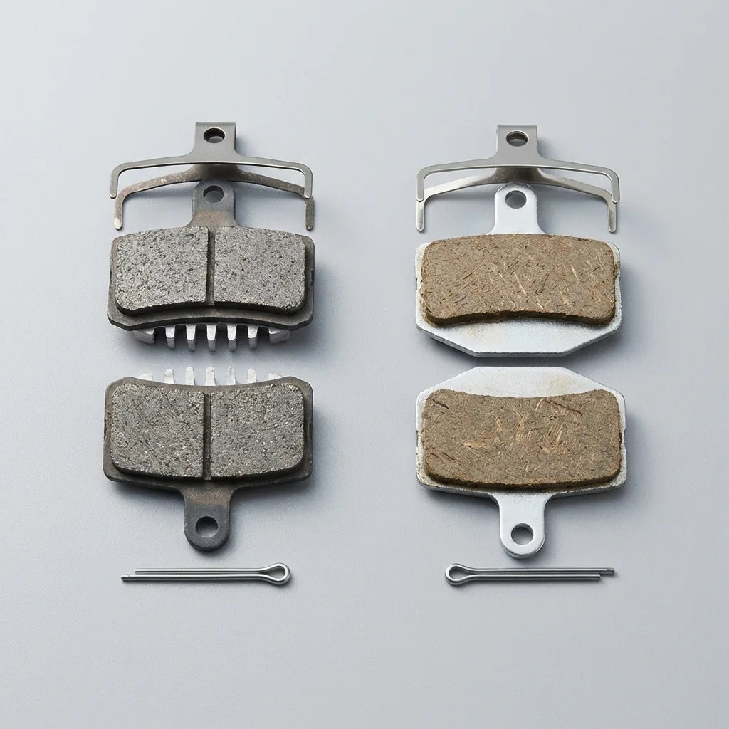 Shimano G05S Sinter-Bremsbelag links vs G05A Resin-Bremsbelag rechts im direkten Vergleich mit Federn und Splitpins