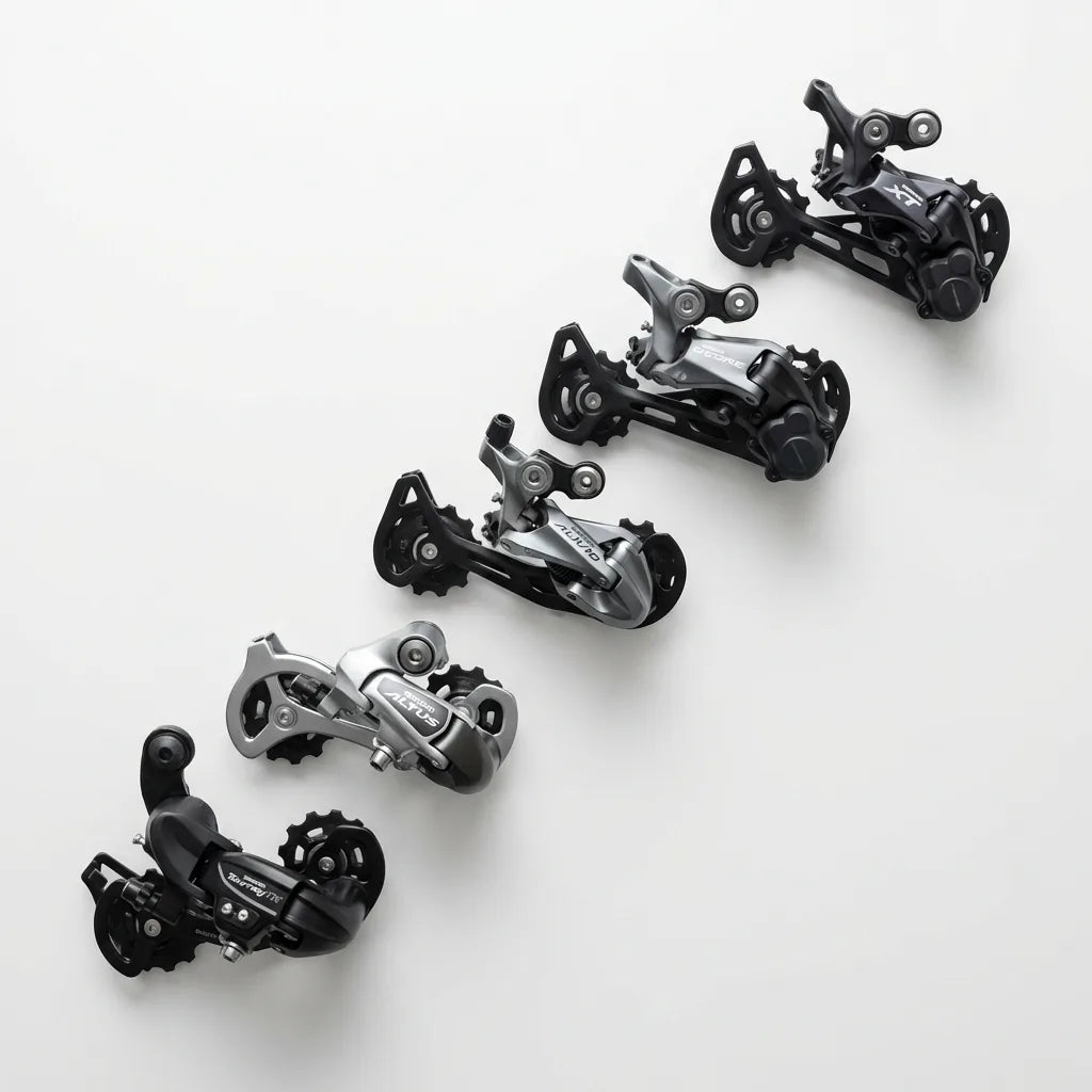 Shimano Schaltung Qualitätsstufen im Vergleich: sechs Schaltwerke von Tourney über Altus und Deore bis XT zeigen die Unterschiede