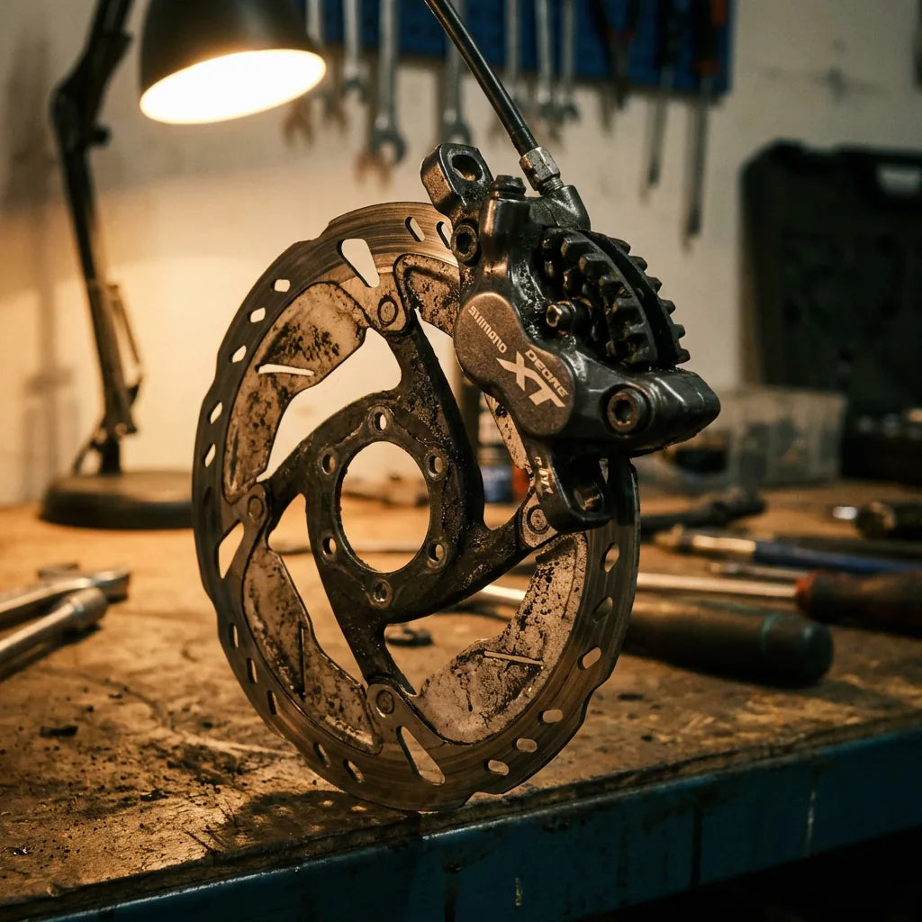 Shimano Scheibenbremse Probleme: verschmutzter Shimano XT Bremssattel auf Bremsscheibe mit Bremsstaub und Kontamination in der Werkstatt