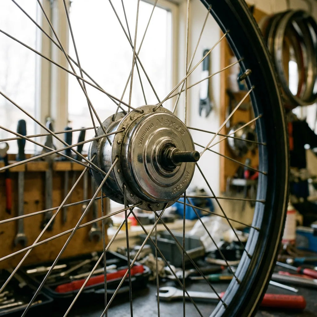 Trommelbremse am Fahrrad: Shimano Nexus Nabenbremse im Vorderrad mit Speichen in der Werkstatt