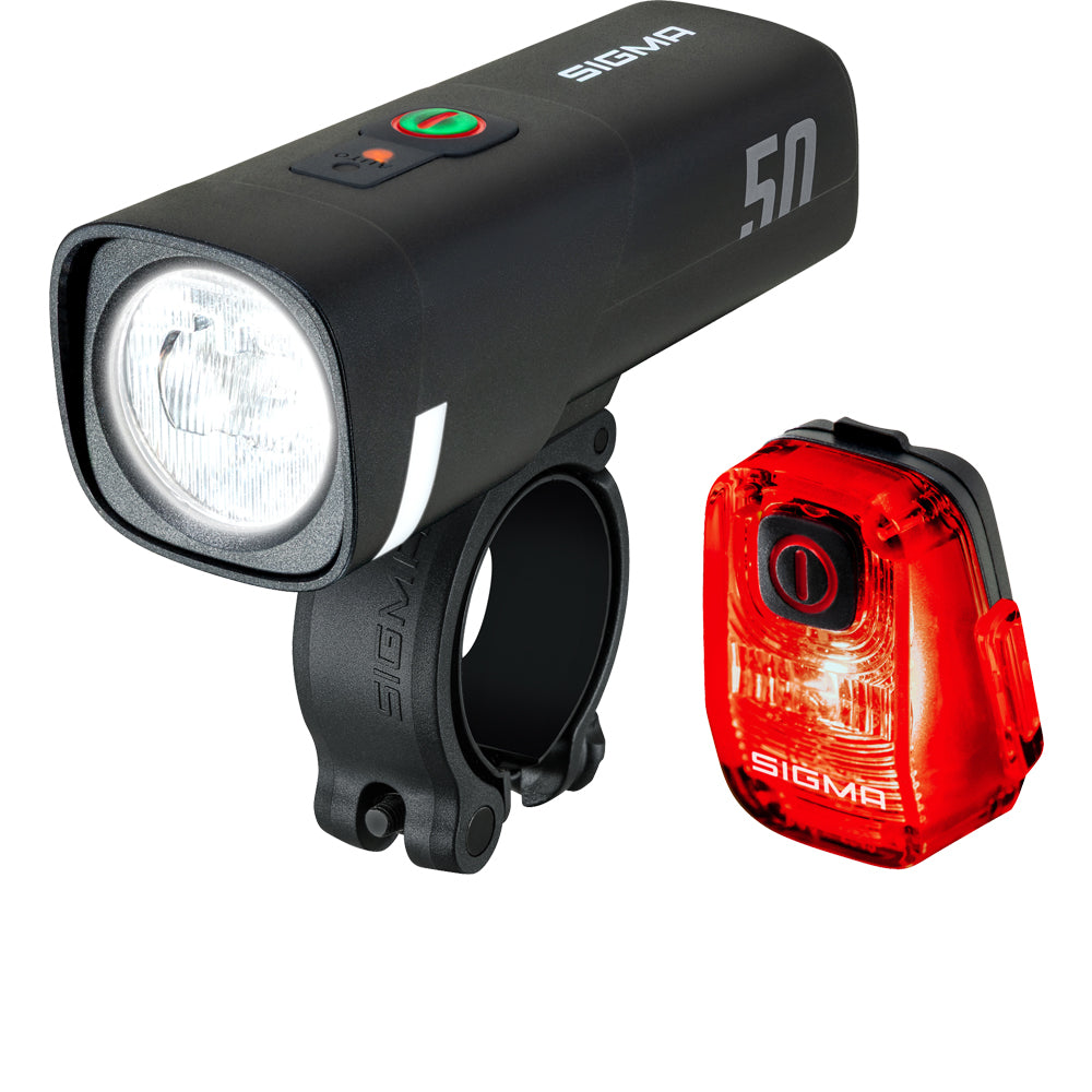 Sigma Aura 50 USB Frontlicht mit Schraubhalterung und Hiro 10 USB Rücklicht