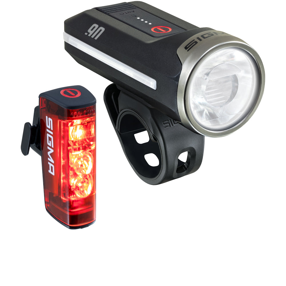 Sigma Aura 90 Beleuchtungsset mit Frontlicht und Hiro 50 Rücklicht mit Bremslicht