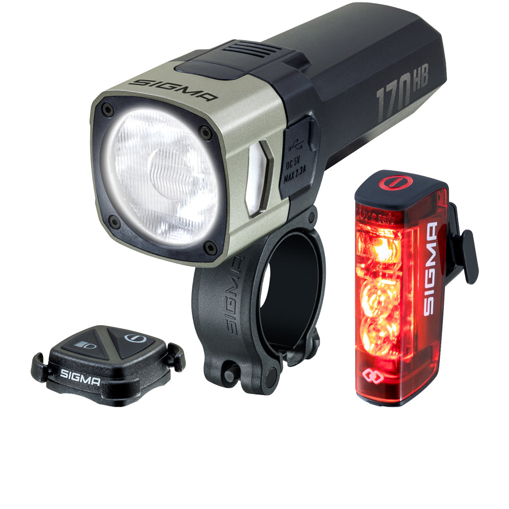 Sigma Aura 170 HB Link Beleuchtungsset mit Frontlicht, Fernbedienung und Hiro 50 Link Rücklicht