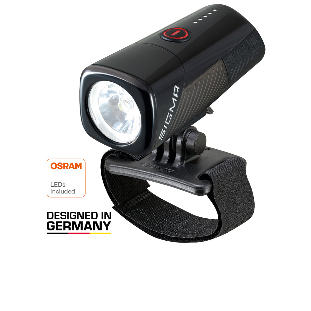 Sigma Buster 400 HL LED-Helmlampe schwarz mit Helmhalterung und Klettband
