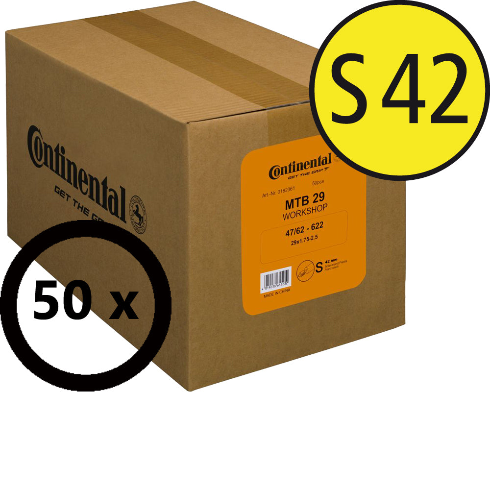Continental MTB 28/29 Werkstattbox mit 50 Schläuchen, Sclaverand-Ventil 42 mm
