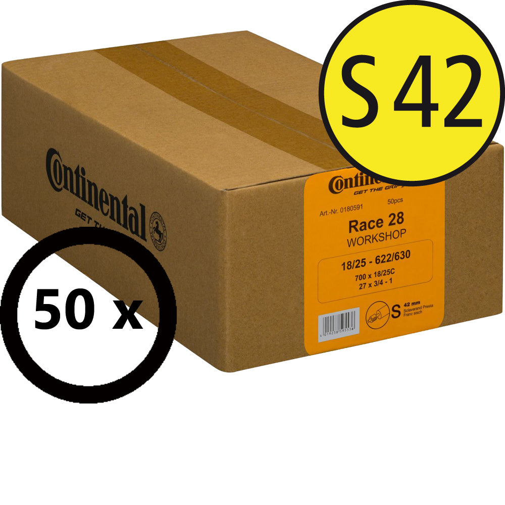 Continental Race 28 Werkstattbox mit 50 Rennradschläuchen, Sclaverand-Ventil 42 mm