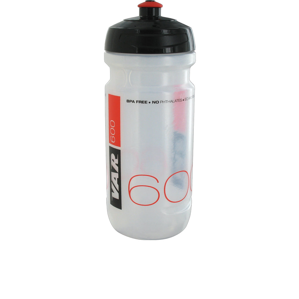 VAR Trinkflasche 600 ml, transparent mit schwarz-rotem Aufdruck