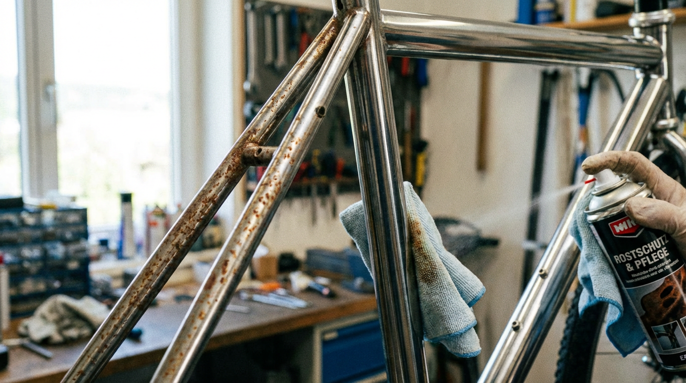 Rost am Fahrrad entfernen – Hand mit Pflegespray wischt Flugrost vom Stahlrahmen