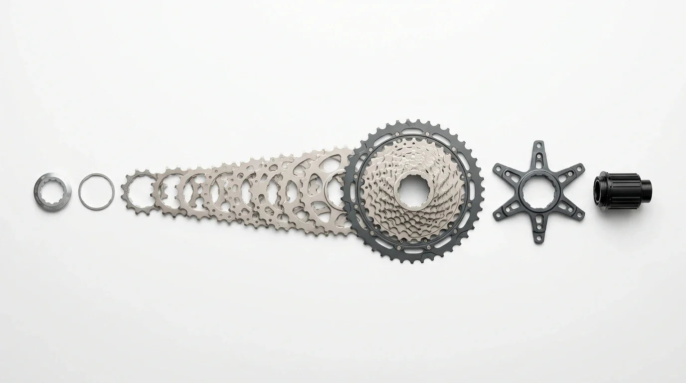 Explosionsdarstellung Fahrradkassette mit Ritzeln Spider und Freilaufkörper - Fahrradkassette Aufbau