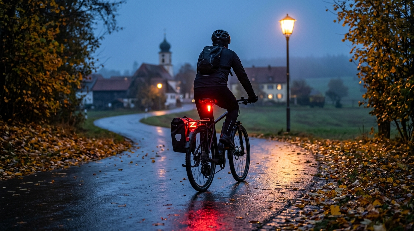 Trekkingrad mit hell leuchtendem Bremslicht auf nasser Landstraße in der Dämmerung - Bremslicht Fahrrad