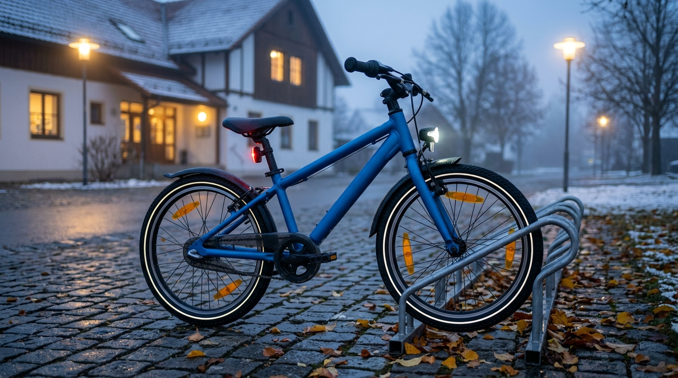 Kinderfahrrad mit eingeschaltetem Front- und Rücklicht am Fahrradständer vor einer Grundschule in der Morgendämmerung - Fahrradlicht Kinder