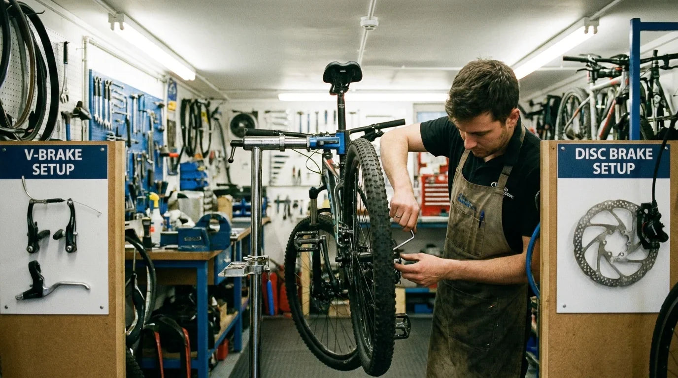 Mechaniker stellt Scheibenbremse am Fahrrad in Werkstatt mit Inbus ein - Fahrradbremse einstellen Anleitung