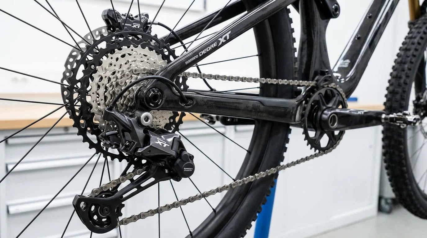 Shimano Deore XT M8100 12-fach Schaltwerk und Kassette am MTB - XT Antrieb Detail