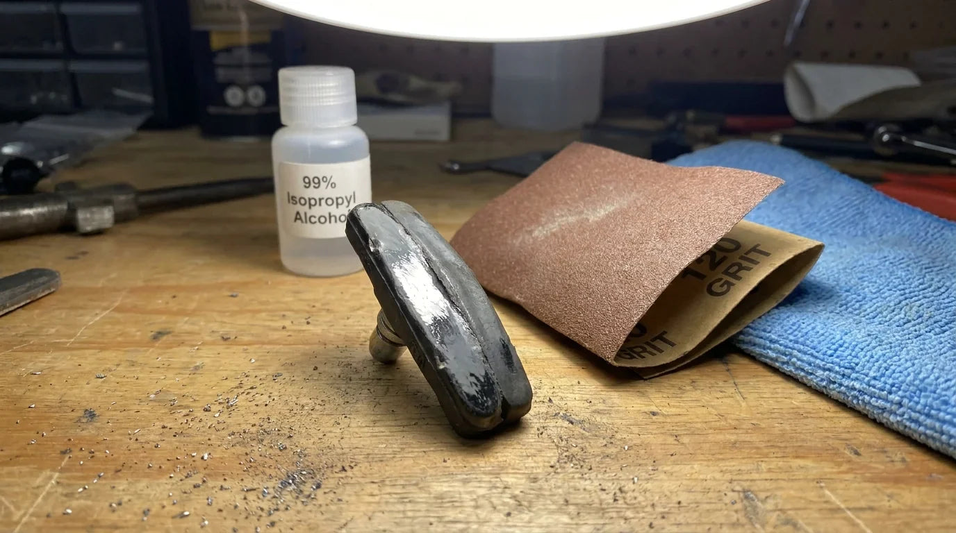 Verglaster Shimano Bremsbelag mit Isopropanol und 100er Schleifpapier zur Reinigung auf Werkbank