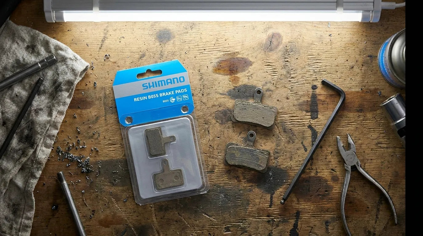 Neue Shimano B05S Bremsbeläge mit Werkzeug auf Werkbank - Bremsbelag-Wechsel Setup