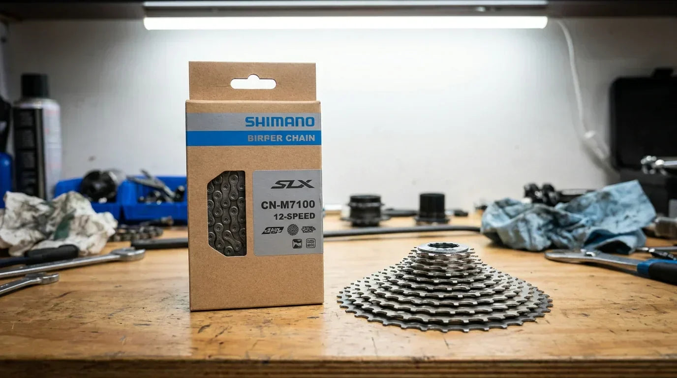 Shimano SLX CN-M7100 12-fach Kette mit Microspline-Kassette auf Werkbank - SLX 12-fach Setup