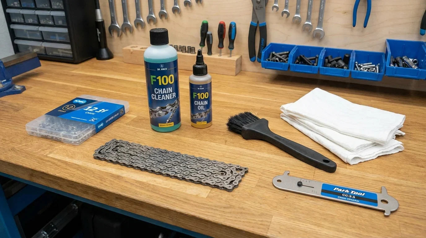 KMC Fahrradkette mit F100 Kettenreiniger und Park Tool Kettenlehre auf Werkbank - KMC Kettenpflege Setup