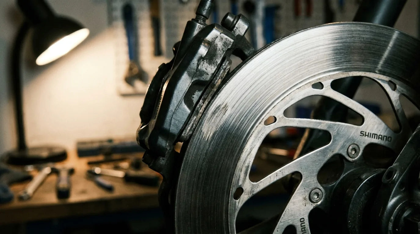 Fehlausgerichteter Bremssattel - ein Bremsbelag schleift leicht an der Bremsscheibe und verursacht Quietschen beim Fahren