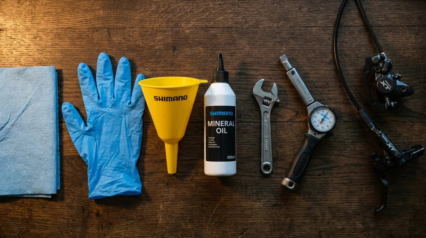 Shimano Entlüftungskit mit Trichter, Mineralöl und Werkzeug auf Werkstatttisch - komplettes Set zum selber Entlüften