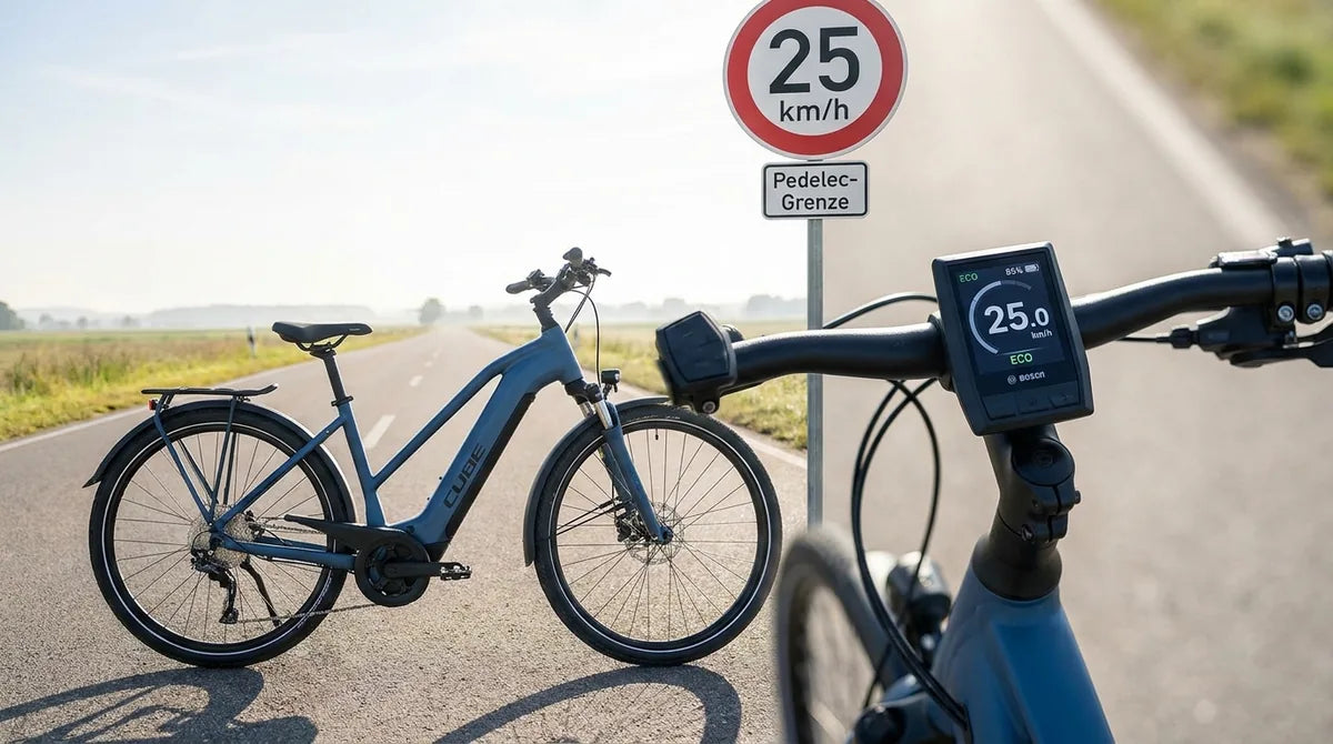 E-Bike stoppt an 25 km/h Grenzmarkierung mit Bosch Kiox Display bei genau 25 km/h - die legale Grenze für Pedelec-Unterstützung in Deutschland