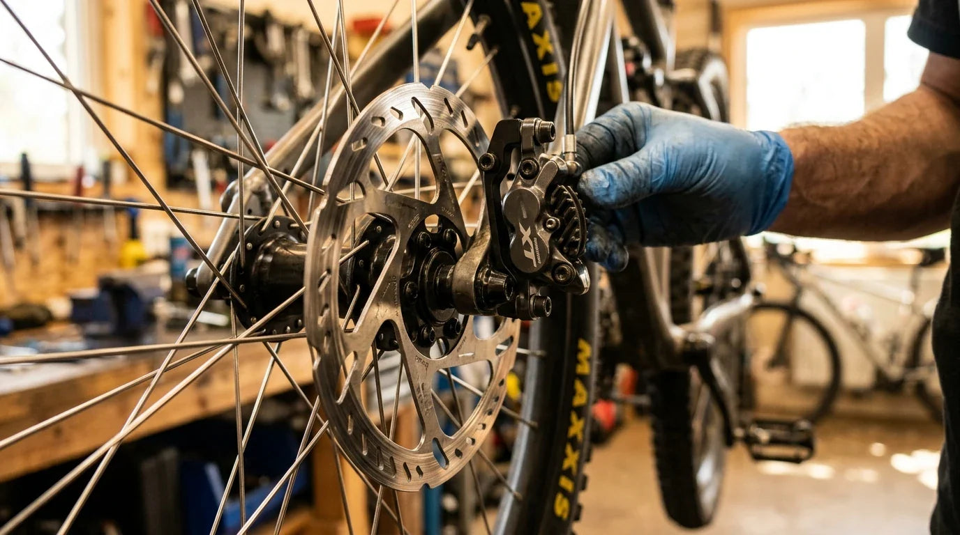 Fahrrad-Scheibenbremse mit Bremsscheibe und Bremssattel am Laufrad in der Werkstatt - Bremsscheiben erklaert
