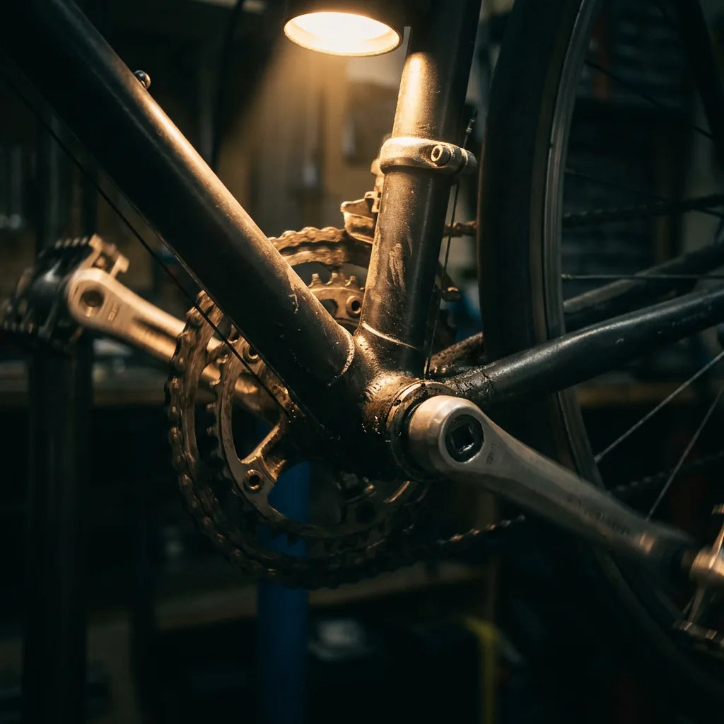 Fahrrad knarzt beim Treten: Nahaufnahme vom Tretlagerbereich mit Kurbel, Pedalen und Kettenblatt als häufigste Ursache für Knarzgeräusche