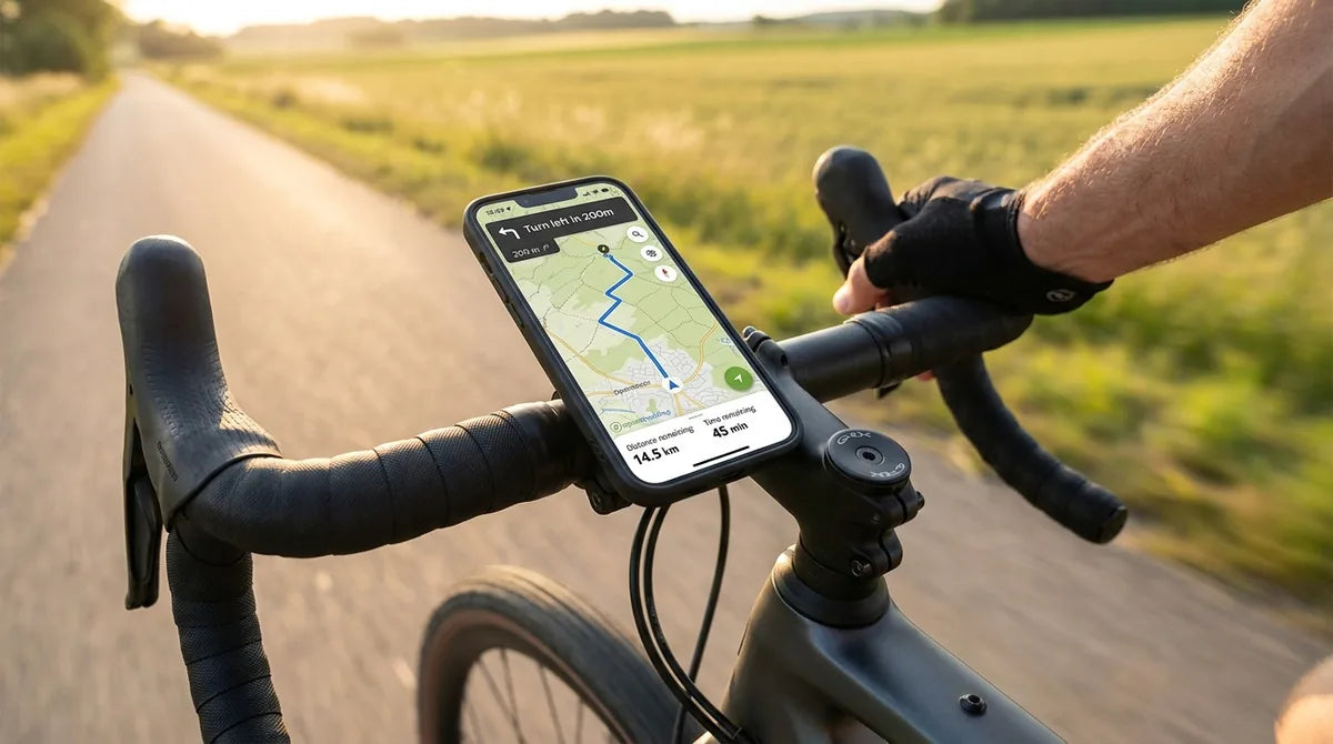 Smartphone mit Komoot-Navigation am Rennrad-Lenker zeigt Route auf OpenStreetMap bei goldener Stunde - die beste Fahrrad-Navi-App 2026