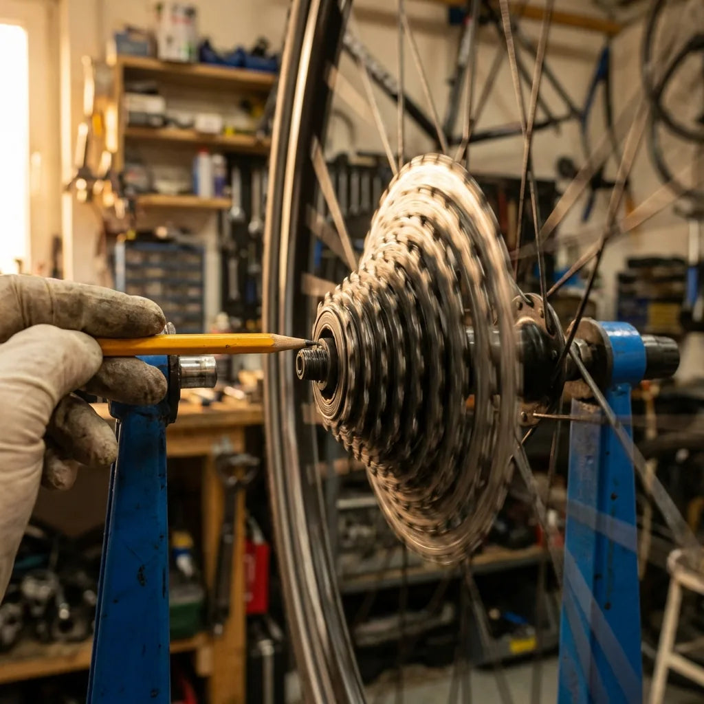 Fahrradkassette eiert: Bleistift zeigt den Seitenschlag der Kassette im Montageständer — so prüfst du ob deine Kassette verzogen ist