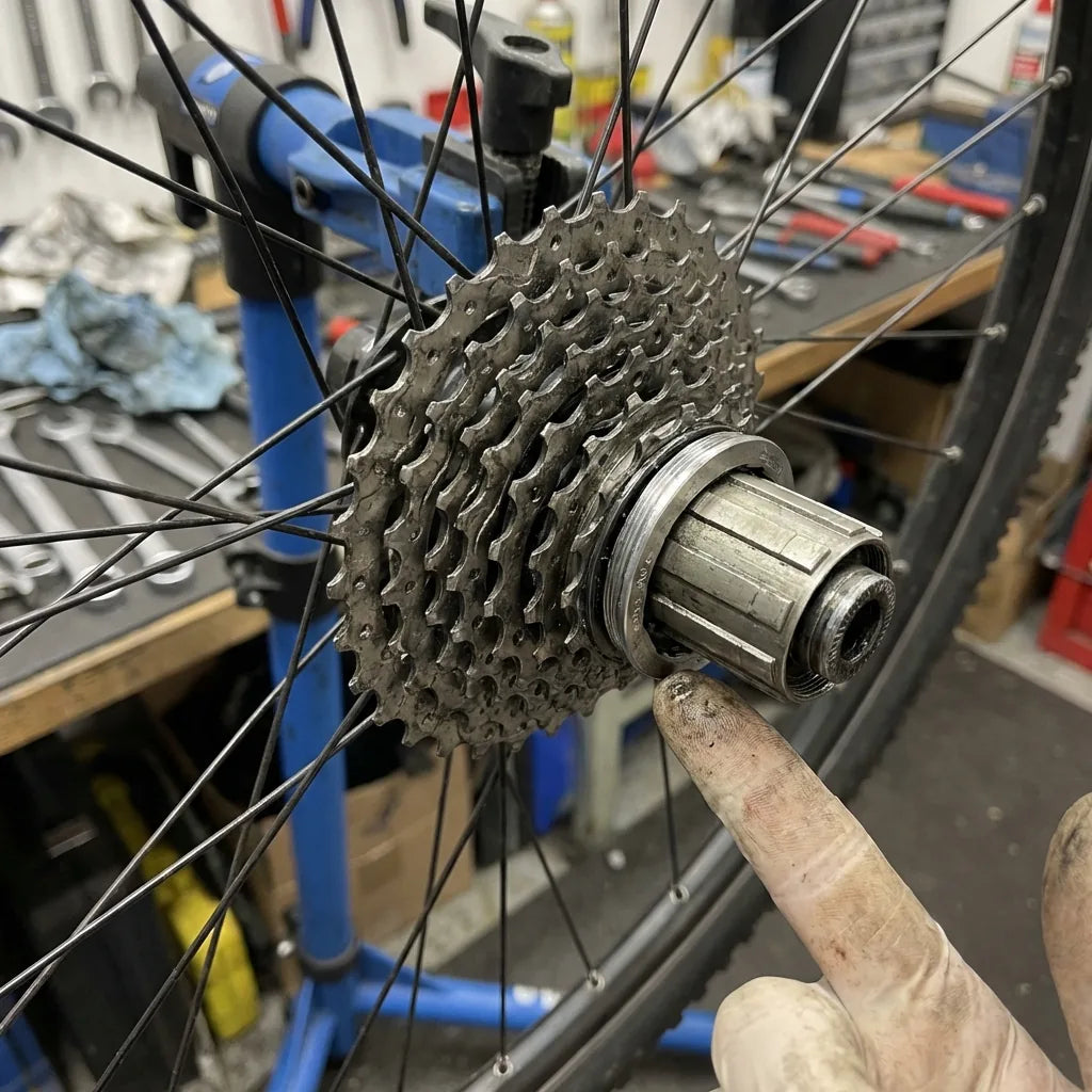 Fahrradkassette locker auf dem Freilaufkörper: Finger zeigt auf den losen Verschlussring am Hinterrad