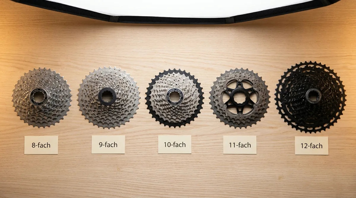 Fahrradkassetten-Vergleich von 8-fach bis 12-fach - alle Gangzahlen nebeneinander mit Shimano-Modellen HG41, HG50, HG500, HG700 und SLX M7100