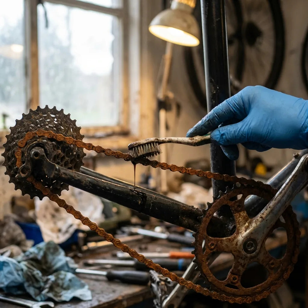 Rostige Fahrradkette am Kettenblatt wird mit Bürste und Rostlöser behandelt: Fahrradkette entrosten ohne Ausbau Schritt für Schritt