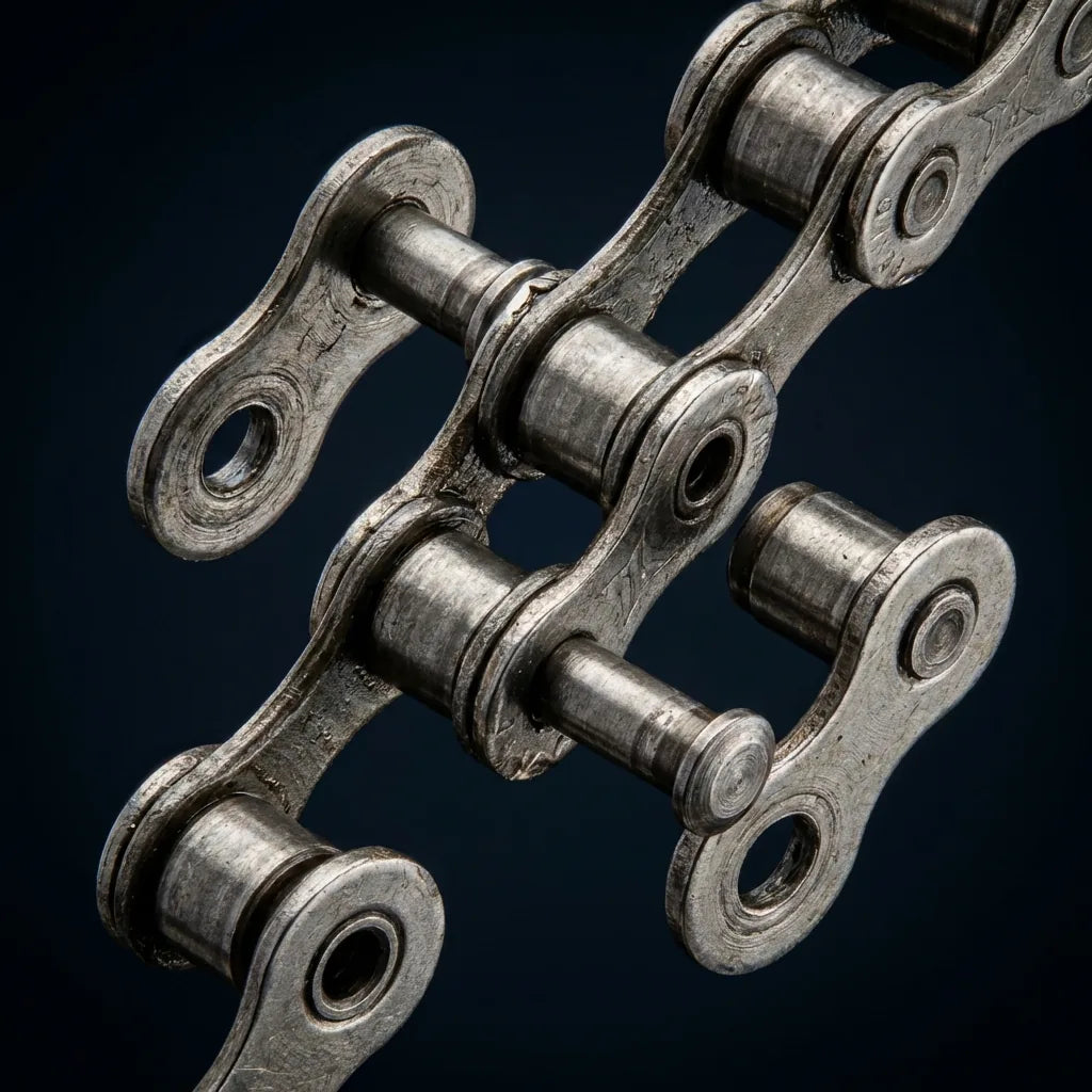Fahrradkette Aufbau im Makro: Innenlaschen, Außenlaschen, Bolzen und Rollen einer Fahrradkette im Detail sichtbar