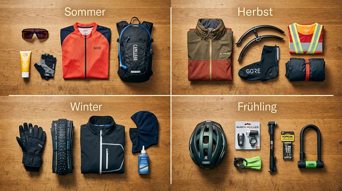 Fahrrad-Zubehör saisonal sortiert in 4 Quadranten: Sommer mit Brille und Trinkrucksack, Herbst mit Regenjacke, Winter mit Spike-Reifen und Frühling mit Basics