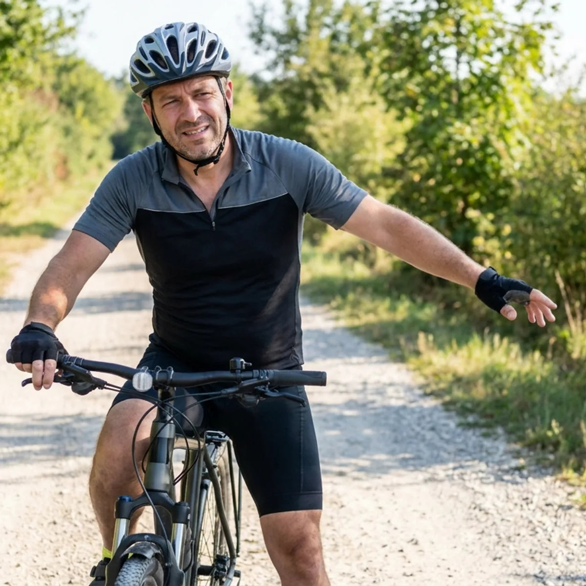 Radfahrer schuettelt Hand aus auf Landweg gegen eingeschlafene Finger und Nervendruck
