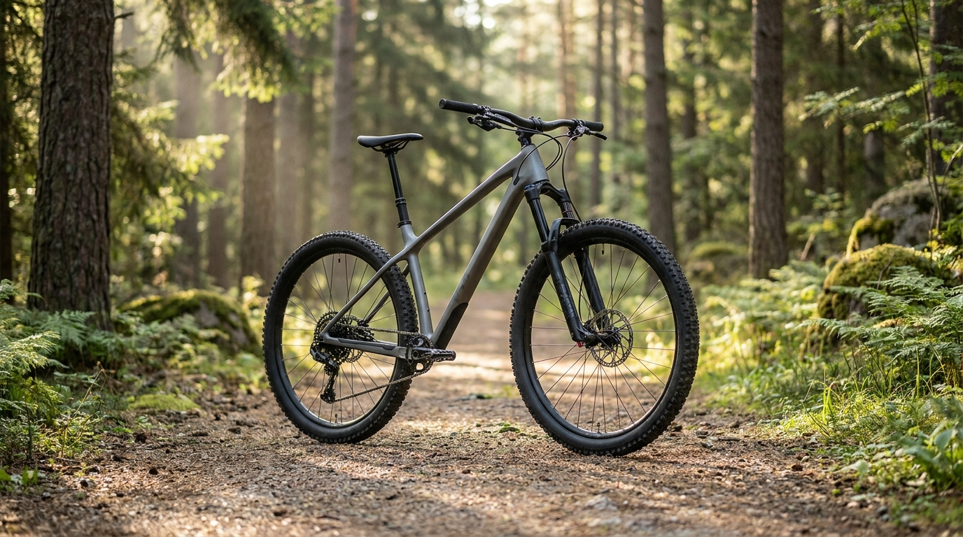 Modernes Hardtail Mountainbike mit Federgabel auf einem Waldweg im Sonnenlicht