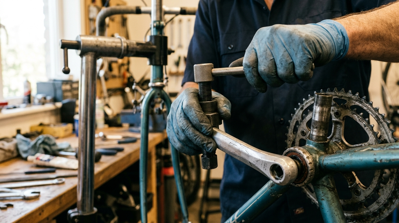 Kurbel mit Kurbelabzieher von der Vierkant-Welle abziehen - Fahrrad-Kurbel wechseln in der Werkstatt