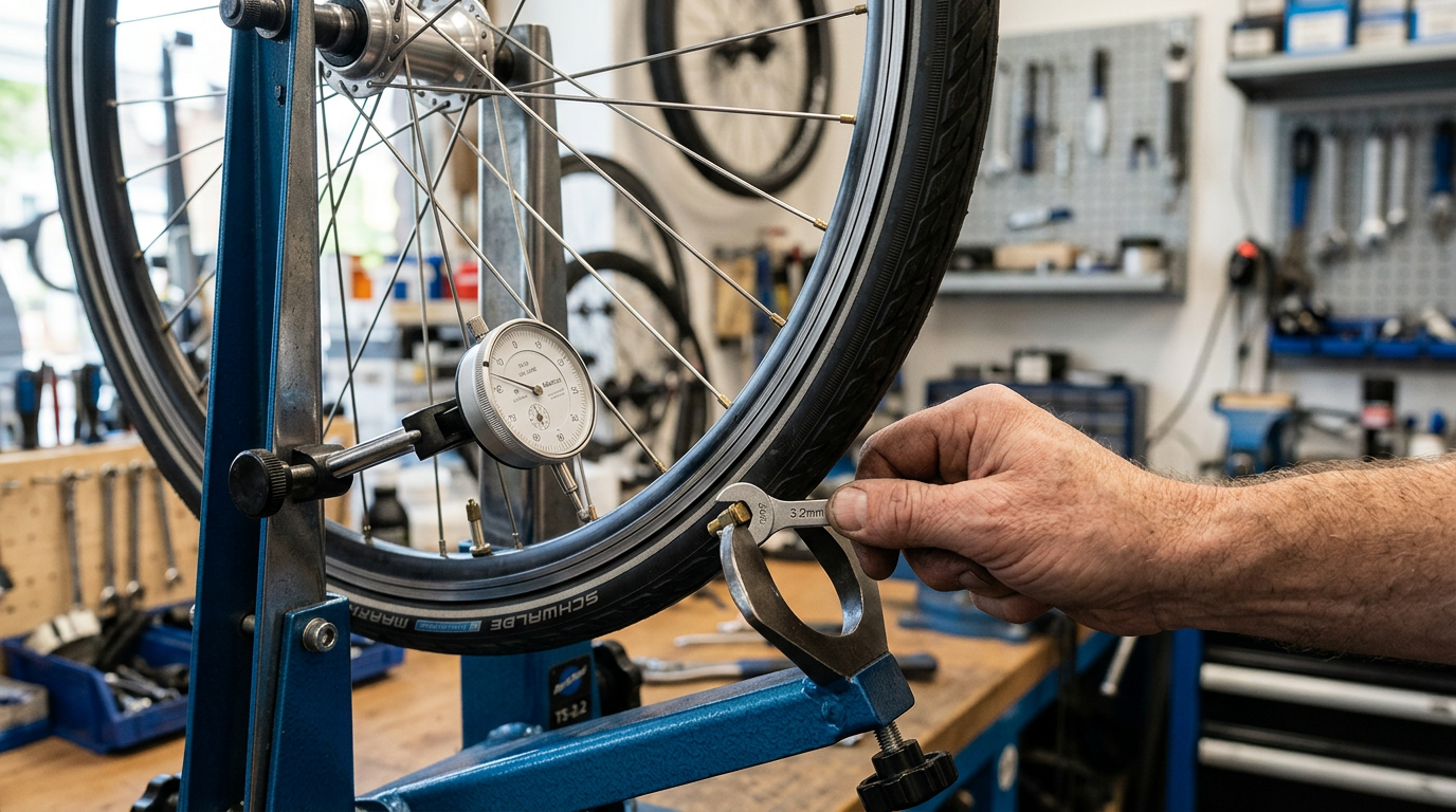 Speichenschlüssel am Nippel einer Fahrradfelge - Laufrad zentrieren und Acht rausdrehen