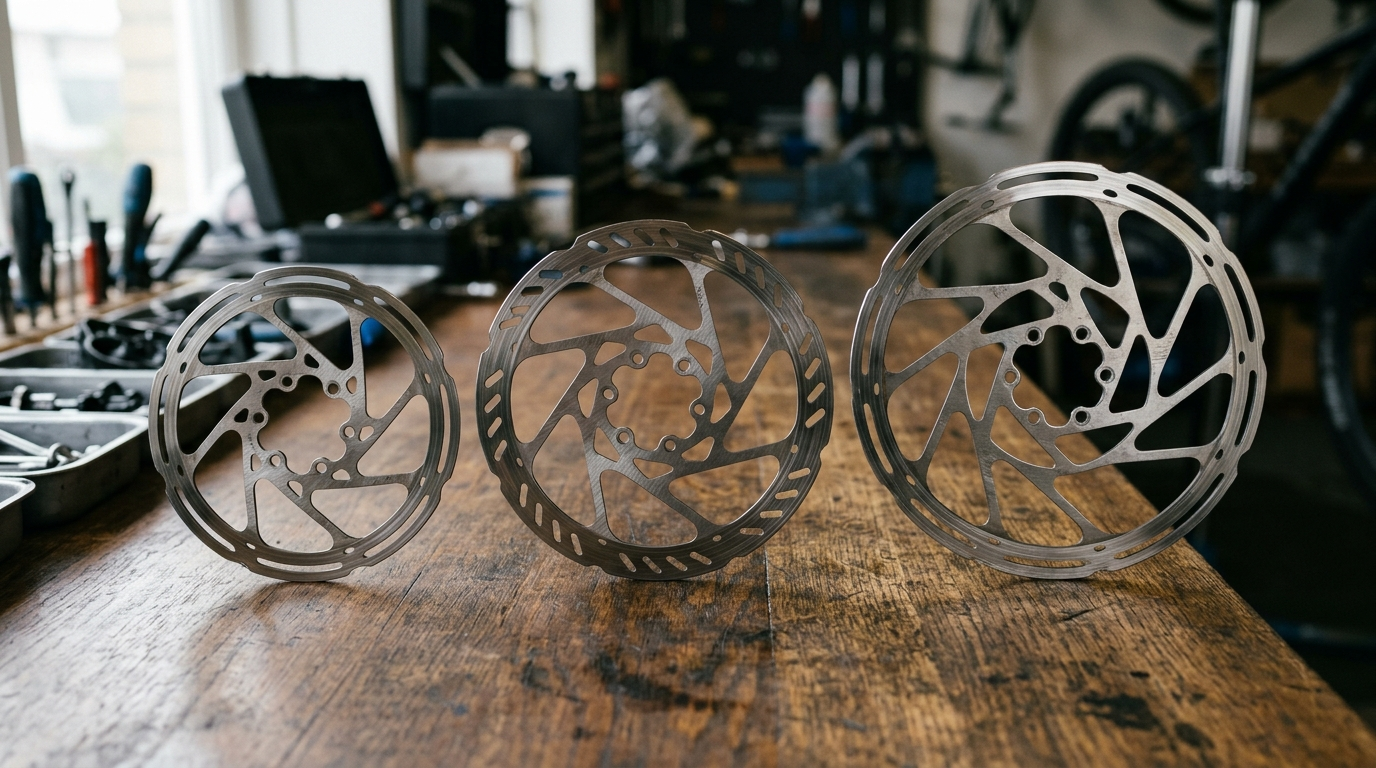 Drei Fahrrad-Bremsscheiben in 160, 180 und 203 mm im Größenvergleich - Bremsscheiben-Größe wählen