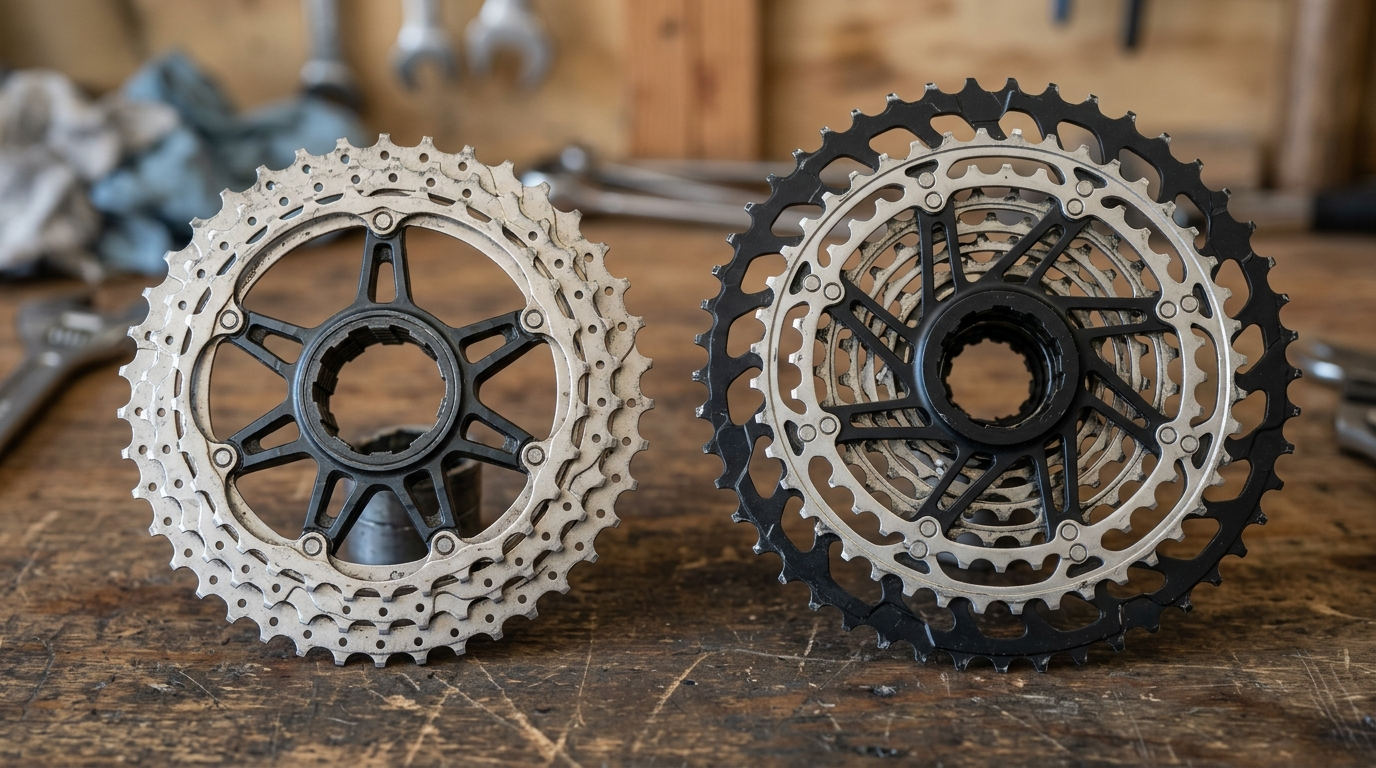 Zwei Fahrradkassetten im Vergleich - enge Rennrad-Abstufung neben weiter MTB-Abstufung
