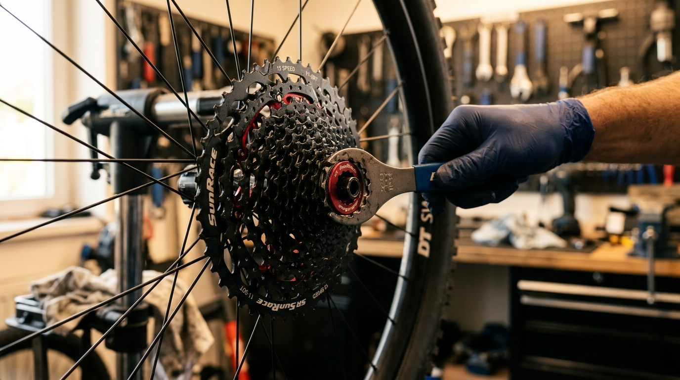 SunRace 12-fach-Kassette 11-51 auf dem Hinterrad in der Werkstatt - günstige Shimano-Alternative