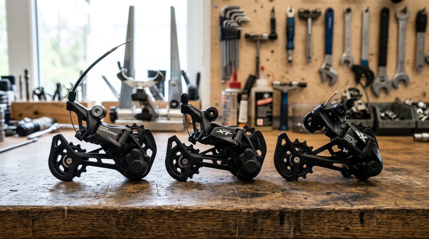 Drei 12-fach-Schaltwerke Shimano Deore, Shimano XT und SRAM SX Eagle auf der Werkbank - Vergleich