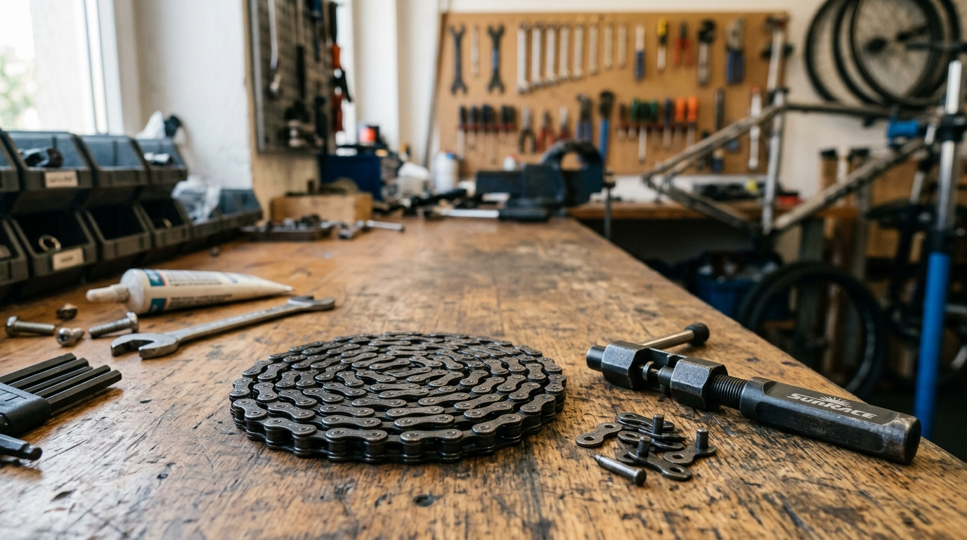 SunRace Fahrradkette aufgerollt neben Kettennieter auf der Werkbank - günstige Alternative zu KMC und Shimano
