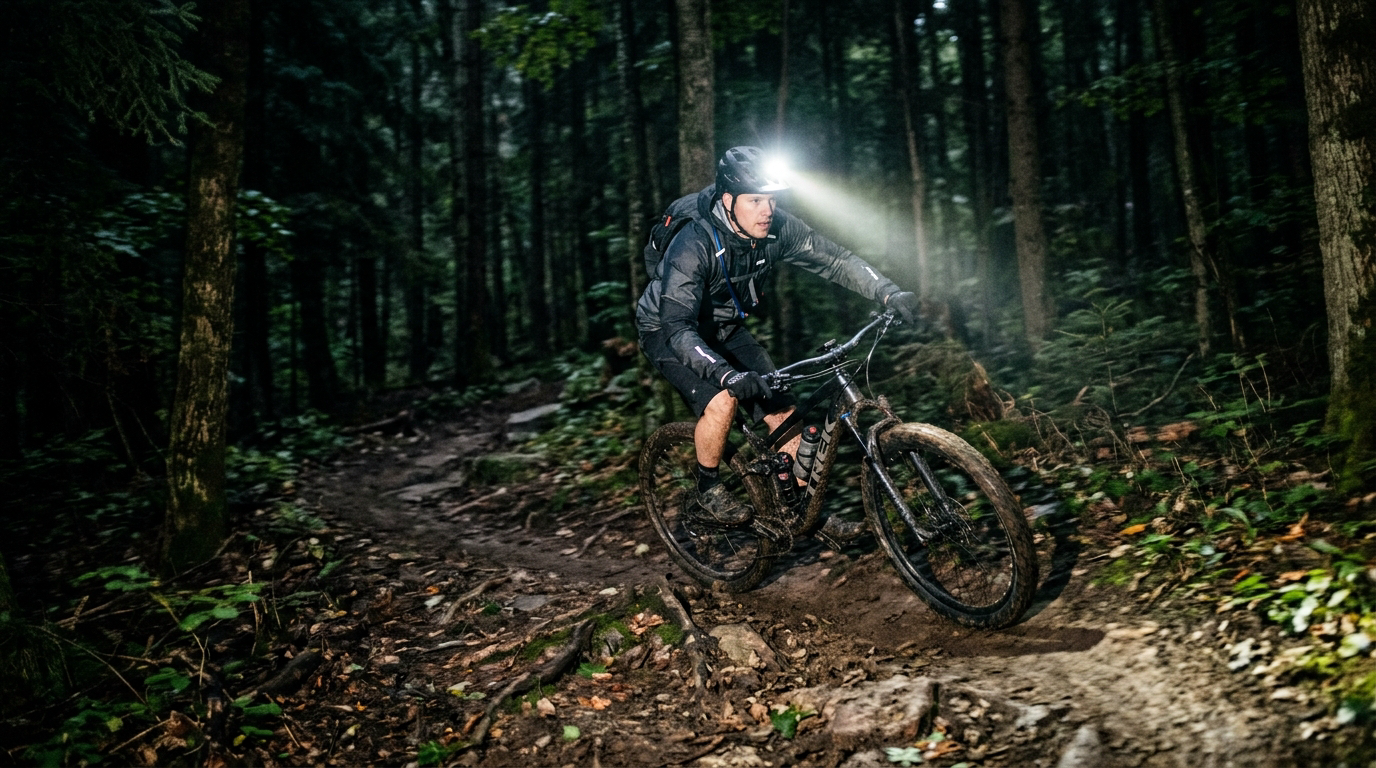 Mountainbiker nachts auf Waldtrail mit hellem Helmlampen-Lichtkegel - MTB-Helmlampe Sigma Buster 700 HL