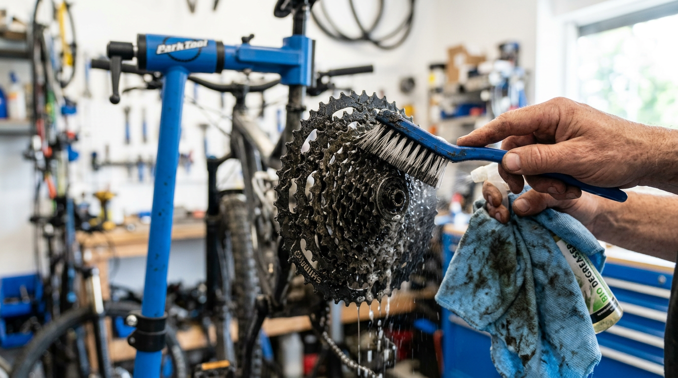 Verölte Fahrradkassette wird mit Bürste und Entfetter gereinigt - Werkzeug und Reiniger für die Kassettenpflege