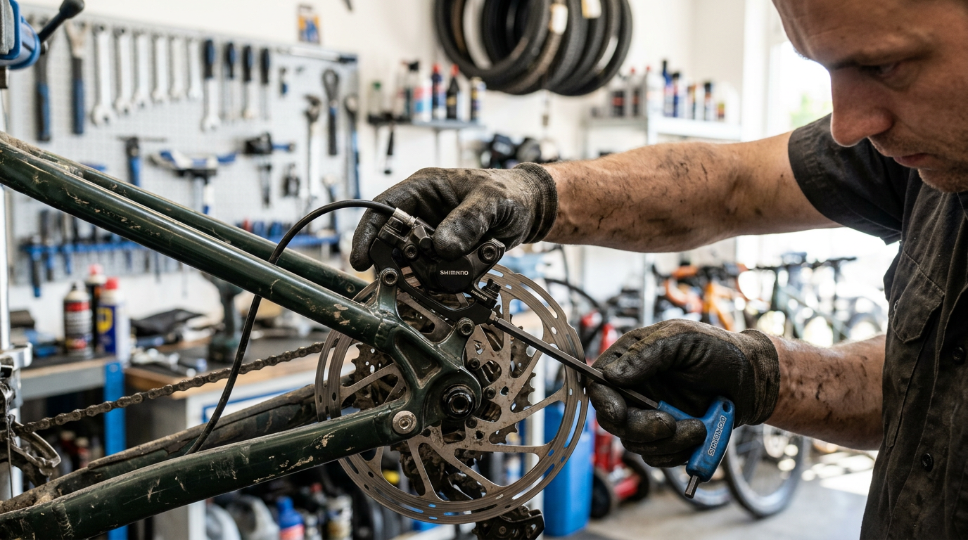 Mechaniker zentriert hydraulischen Scheibenbremssattel am Fahrrad - Shimano-Bremse einstellen